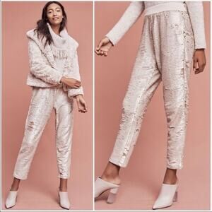 Anthropologie Hei Hei Cream Gold Sequin Pant Large Holiday NYE Pull On Bottom